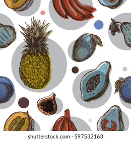 Fruits engraved hand drawn vector illustrations. Seamless pattern. Ink sketch art, for cloth design, wrapping paper, background, textile. Vintage style, detailed drawings.