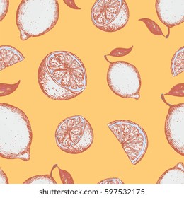Fruits engraved hand drawn vector illustrations. Lemon Seamless pattern. Ink sketch art, for cloth design, wrapping paper, background, textile. Vintage style, detailed drawings.