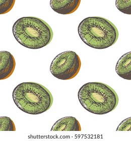 Fruits engraved hand drawn vector illustrations. Kiwi Seamless pattern. Ink sketch art, for cloth design, wrapping paper, background, textile. Vintage style, detailed drawings.