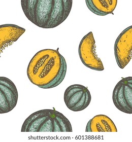 Fruits engraved hand drawn vector illustrations. Seamless pattern with melon. Ink sketch art, for cloth design, wrapping paper, background, textile. Vintage style, detailed drawings.
