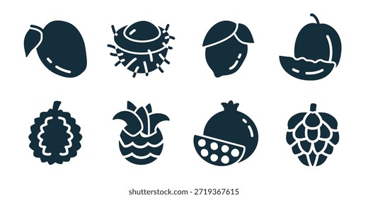 Obst ausgezeichnete Icon-Kollektion. Mango, Kastanie, Zitrone, Melonenscheibe, Himbeere, Ananas, Granatapfel, Hopfen-Symbole