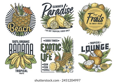 Fruits or exotic eco elements for vegetarian menu. Organic nature ingredients for food market. Set of colorful, vintage-style tropical fruit badge designs, perfect for summer and travel themes.