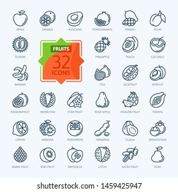 Fruits, exotic fruits, vegetarian - minimal thin line web icon set. 
Included the simple vector icons as mango, durian, rambutan, guava, tamarind, jackfruit. Outline icons collection. 