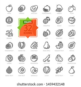 Fruits, exotic fruits, vegetarian - minimal thin line web icon set. Included the simple vector icons as mango, durian, rambutan, guava, tamarind, jackfruit. Outline icons collection. 