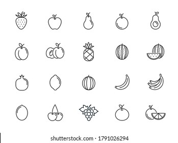 Fruits, exotic fruits, vegetarian - minimal thin line web icon set. Included the simple vector icons as mango, durian, rambutan, guava, tamarind, jackfruit. Outline icons collection