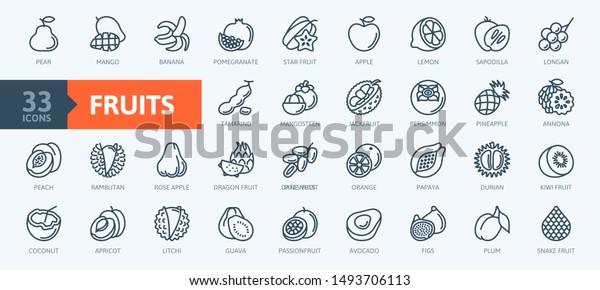 Fruits, exotic fruits, vegetarian - minimal\
thin line web icon set. \
Included the simple vector icons as\
mango, durian, rambutan, guava, tamarind, jackfruit. \
Outline\
icons collection.