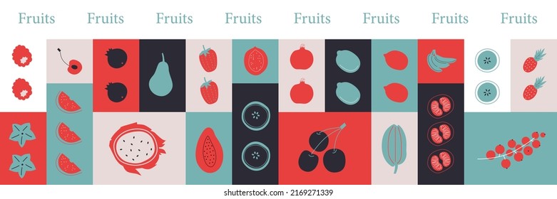 Fruits, exotic fruits, vegetarians minimal flat web icons set. Simple vector icons included such as mango, durian, banana, currant, strawberry, raspberry. Berries icons collection.
