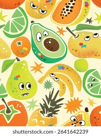 Fruits with eyes seamless pattern. Cartoon fruit characters. Vector repeatable design of funny comic tropical fruits.