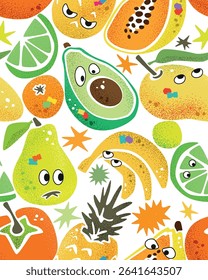 Fruits with eyes seamless pattern on transparent background. Cartoon fruit characters. Vector repeatable design of funny comic tropical fruits.