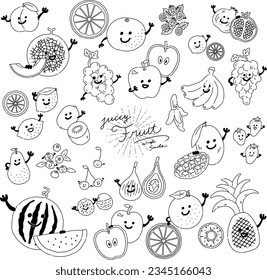 Fruits with face  black line.  flat illustration. Vector icon. Hands can move.(vector only)