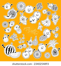 Fruits with face  black line with white background.  flat illustration. Vector icon. Hands can move.(vector only)