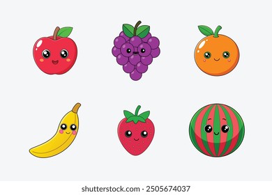 Fruits with face Color Vector Illustration Bundle For kids, Kids Book, Kids Animation.