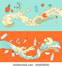 Fruits falling in water splash, Vector Illustration design template with fruit icons in trendy linear style - abstract emblem for organic shop, healthy food store or cafe isolated on white background