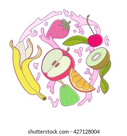 Fruits falling in water splash, Vector Illustration design template with fruit icons in trendy linear style - abstract emblem for organic shop, healthy food store or cafe isolated on white background 