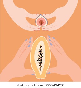 Fruits in female hands. Women period. Intimate hygiene. Trendy vector cartoon flat illustration.