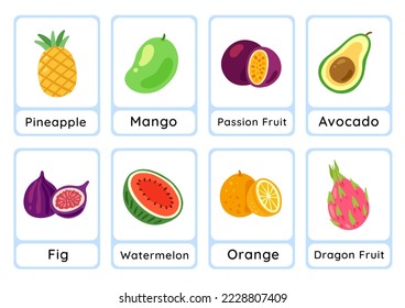 Fruits flashcard collection for children education, printable montessori material