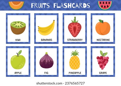 Fruits flashcard collection. Flash cards for practicing reading skills. Learn food vocabulary for school and preschool. Kiwi, bananas, strawberry and more. Vector illustration