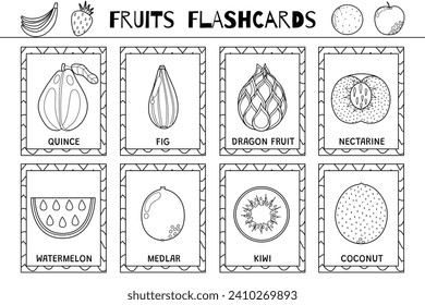 Fruits flashcards black and white collection. Healthy food flash cards set for coloring school and preschool. Dragon fruit, kiwi, coconut and more. Vector illustration