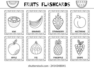 Fruits flashcards black and white collection. Flash cards for coloring in outline. Learn food vocabulary. Kiwi, bananas, strawberry and more. Vector illustration