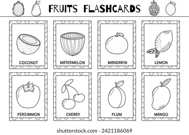 Fruits flashcards black and white set. Flash cards collection for coloring in outline. Learn food vocabulary for school and preschool. Coconut, watermelon, mango and more. Vector illustration