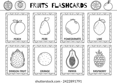 Fruits flashcards black and white set. Flash cards collection for coloring in outline. Learn food vocabulary for school and preschool. Peach, pear, papaya and more. Vector illustration