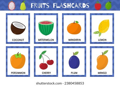 Fruits flashcards set. Flash cards collection for practicing reading skills. Learn food vocabulary for school and preschool. Coconut, watermelon, mango and more. Vector illustration