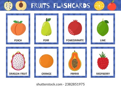 Fruits flashcards set. Flash cards collection for practicing reading skills. Learn food vocabulary for school and preschool. Peach, pear, papaya and more. Vector illustration