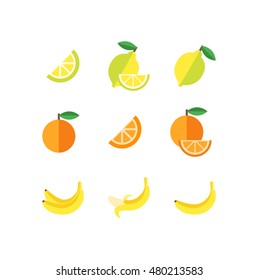 Fruits Flat Colorful Vector Icon Lemon Orange Banana 