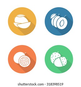 Fruits flat design icons set. Sliced mango color long shadow symbol. Half cut plum with leaf and core in circle. Open passion fruit  silhouette emblem with seeds. Pair of litchi fruit. Vector emblems