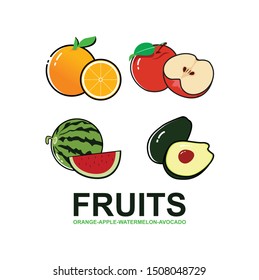 fruits flat design isolated fruits in a row. orange, apple, watermelon, avocado illustration