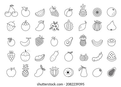 Fruits flat icon collection set isolated on white background.Drawing outline stroke.Design for colouring art book ,print.Vector.Illustration.