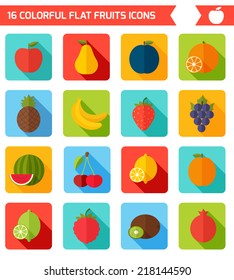 Fruits flat icon set. Colorful template for cooking, restaurant menu and vegetarian food 