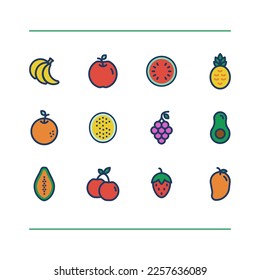Fruits flat icons. Apple, lemon, pineapple, avocado, orange, banana, strawberry etc. Delicious fruits icons. Vector icons set