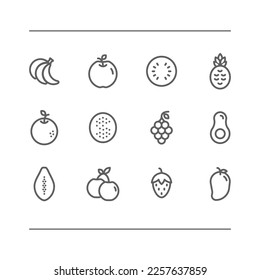  Fruits flat icons. Apple, lemon, pineapple, avocado, orange, banana, strawberry etc. Delicious fruits icons. Vector icons set