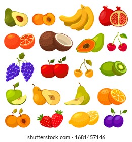 Fruits flat icons, berries and tropical fruits