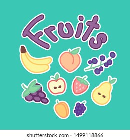 Fruits: flat isolated sticker set of banana, peach, currant, grape, apple, strawberry, pear, apricot, blackberry