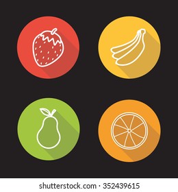 Fruits flat linear icons set. Strawberry, banana, pear and orange slice. Long shadow outline logo concepts. Vector line art illustrations