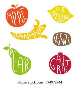 Fruits flat silhouettes and lettering set. Vector isolated objects.