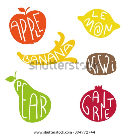 Fruits flat silhouettes and lettering set. Vector isolated objects.
