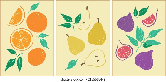 Fruits in a flat style. Set of posters with oranges, pears and figs. Natural organic food. A set of healthy food from local farmers. Healthy organic vegan food.