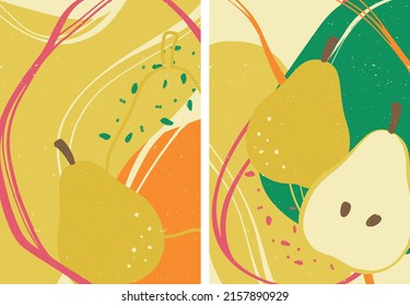 Früchte in einem flachen Stil. Set von Poster mit Birnen auf abstraktem Hintergrund. Natürliche ökologische Lebensmittel. Eine Reihe gesunder Nahrungsmittel von lokalen Bauern. Gesunde ökologische veganische Lebensmittel.