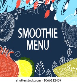 Fruits and floral elements on dark Indigo color background, pattern style with markers, pencils. Banner fruit menu for cafe. Vector illustration