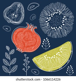 Fruits and floral elements on dark Indigo color background, pattern style with markers, pencils. Vector illustration