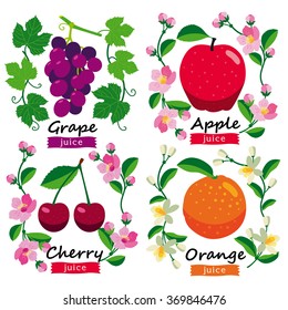 Fruits and flowers collection. Grape, apple, cherry, orange juice. isolated on white background
