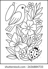 Fruits and Flowers Coloring Page for Kids. Printable Line Art with Butterfly, fruits  for Fun and Learning. Summer coloring page for adults
