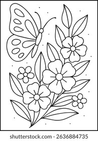 Fruits and Flowers Coloring Page for Kids. Printable Line Art with Butterfly, fruits  for Fun and Learning. Summer coloring page for adults