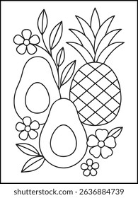 Fruits and Flowers Coloring Page for Kids. Printable Line Art with Butterfly, fruits  for Fun and Learning. Summer coloring page for adults
