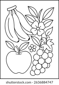 Fruits and Flowers Coloring Page for Kids. Printable Line Art with Butterfly, fruits  for Fun and Learning. Summer coloring page for adults