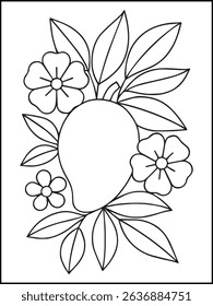 Fruits and Flowers Coloring Page for Kids. Printable Line Art with Butterfly, fruits  for Fun and Learning. Summer coloring page for adults