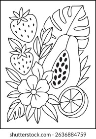 Fruits and Flowers Coloring Page for Kids. Printable Line Art with Butterfly, fruits  for Fun and Learning. Summer coloring page for adults